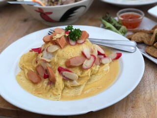 Omelet with Sausage and Crab Stick