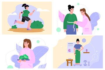 Doctor nutritionist examines and makes recommendations for an overweight woman. Healthy food, diet, and fitness for loss and control weight. A set of vector illustrations