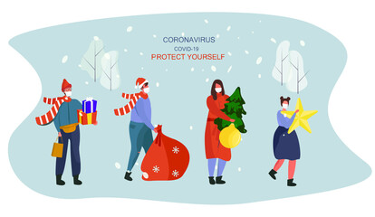 Charachters in Medical Mask Celebrating Christmas and New Year during Quarantine.Christmas Party in Covid 19.Man Carries Christmas Toys and Gifts for New Year in Winter.Flat Vector Illustration