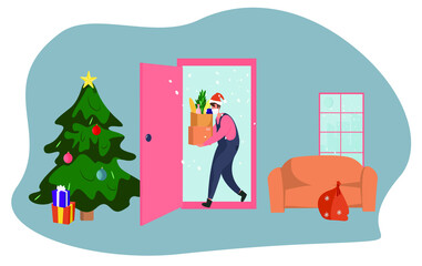 Celebrating Christmas and New Year during Quarantine.Christmas Party in Covid 19.Food Delivery Servise in Winter Holidays during Coronavirus.Christmas Tree with Gifts.Flat Vector Illustration