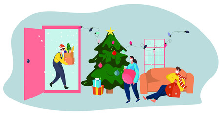 Family in Medical Mask Celebrating Christmas and New Year during Quarantine.Christmas Party in Covid 19.Delivery Servise in Winter Holidays during Coronavirus.Flat Vector Illustration