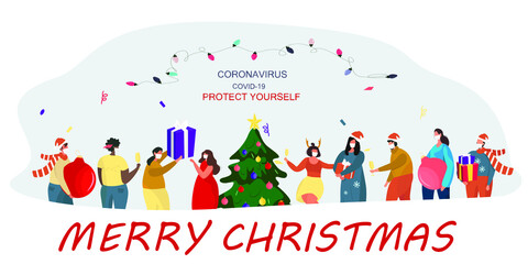 People in Medical Mask Celebrating Christmas and New Year during Quarantine.Christmas Party in Covid 19.Winter Holidays during Coronavirus.Characters in Santa Hats with Tree.Flat Vector Illustration