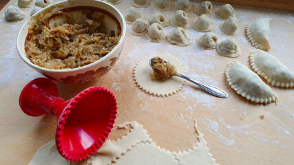 Making homemade dumplings with cabbage and mushrooms