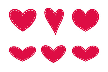 Fototapeta na wymiar Set of hand drawn red hearts with white dash stroke on white background. Vector illustration. Scribble vector hearts. Love concept for Valentine's Day
