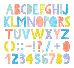 Cute and colorful childish hand drawn English alphabet with numbers and symbols. Decorated with doodle pattern. Suited for children's birthday invitation or other fun design.