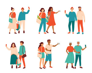 Collection happy couples of people of various ages, nationalities, sexual orientations, diverse families. People take selfies on a smartphone camera, talk on a video call. Isolated vector illustration