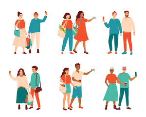 Fototapeta premium Collection happy couples of people of various ages, nationalities, sexual orientations, diverse families. People take selfies on a smartphone camera, talk on a video call. Isolated vector illustration