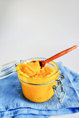 Ghee-clarified butter prepared from the milk of cows. This ghee oil is used during religious ceremonies in India. Ayurveda.