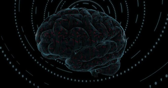 3d blue digital brain covered with circuit board and cpu. Digital neural network. Brain energy red pulsation