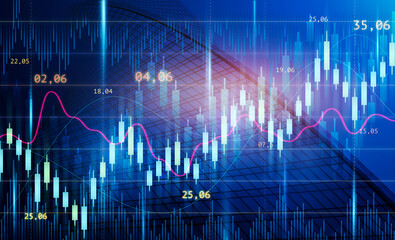 Trade and investment concept. Economic Background With Financial Candlesticks Over Urban Skyscraper