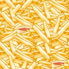 The digital painting of french fries (stick potato chips) fastfood and ketchup background seamless pattern raster illustration for wallpaper decoration.