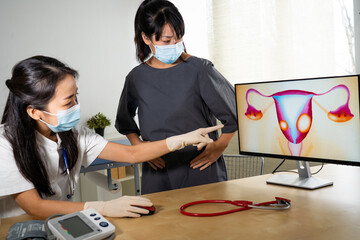 Consultation gynécologique, fibrome et endométriose, cabinet médical asiatique.