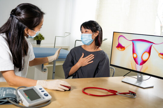 Consultation gyn&eacute;cologique, fibrome ut&eacute;rin, cabinet m&eacute;dical asiatique.