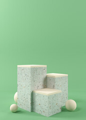Mockup Modern Concrete Stone Platform With Wood Top, Green Mint Podiums, 3d Render.
