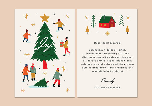 Christmas Celebration Card Layout with People and Christmas Tree