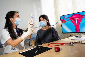 Consultation gynécologique, contraception par stérilet, cabinet médical asiatique.