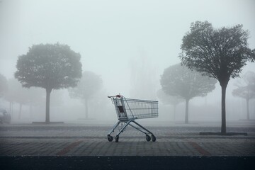 Abandoned shopping cart on parking lot in thick fog © Chalabala