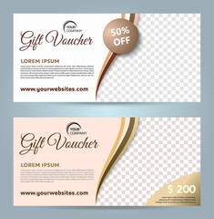Set of two vector luxury modern gift voucher card template with wave in gold color
