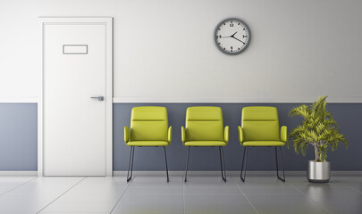 Modern hospital corridor with door and chairs. Waiting area. 3d rendering