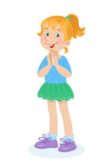 Children and emotions. A cute smiling girl stands with folded hands. In cartoon style. Isolated on white background. Vector flat illustration.