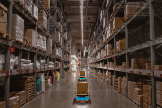 Concept Industry 4.0 Robotic Artificial Intelligence,Autonomous Robot Of Warehouse Logistic,smart Automated Delivery Vehicle In Modern Storehouse Shipping,with Robot Carrier Carrying Cardboard Box