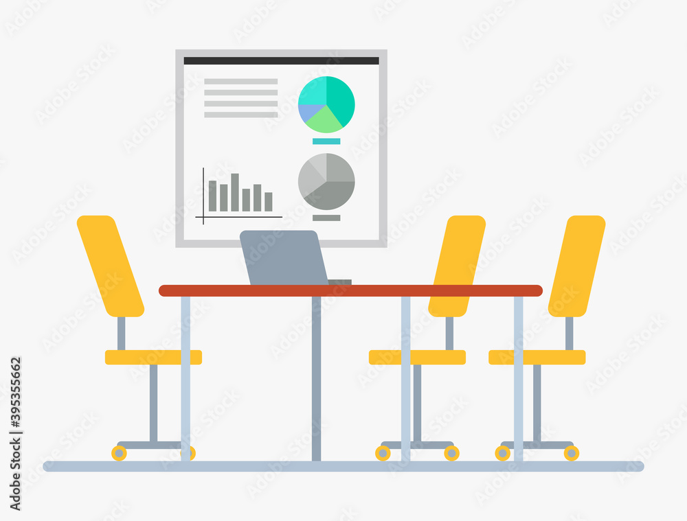 Poster conference hall vector, empty working place with whiteboard and diagrams visual representation and c