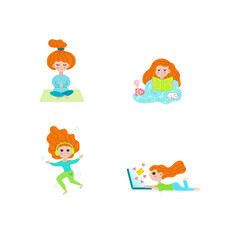 A girl with red hair is meditating, reading, dancing, texting with friends.