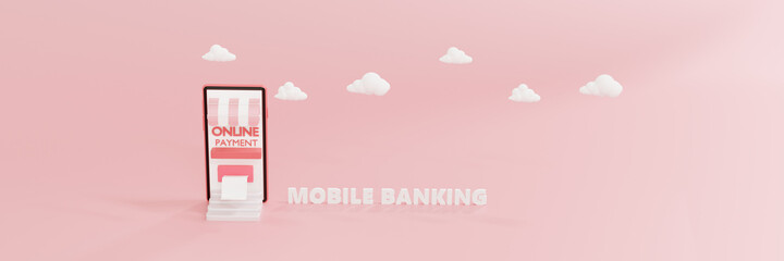 Isometric online shopping mobile and application and internet banking payment,secure online payment transaction,smartphone on isolated pink background,3d rendering illustration,banner panoramic header