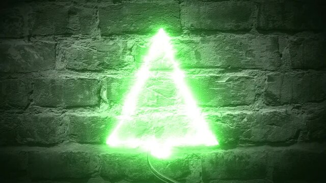 Happy New Year. Neon Christmas tree green light blinking on a dark brick background