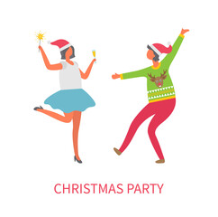 Christmas party celebration of people, friends having fun dancing vector. Woman wearing knitted warm sweater with polar reindeer, lady with drink