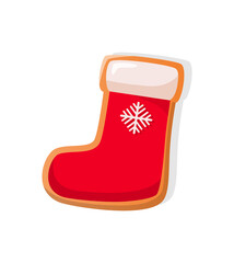 Cookie of Santa red sock with pattern of snowflake in realistic style isolated on white. Traditional gingerbread stocking with fur for winter holiday vector