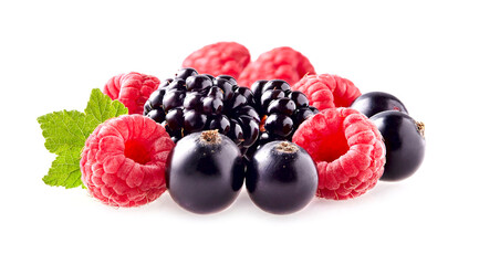 Black currant berries with raspberry and blackberries on White Background isolated. Ripe berries closeup.