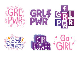 six girl power letterings set vector illustration design
