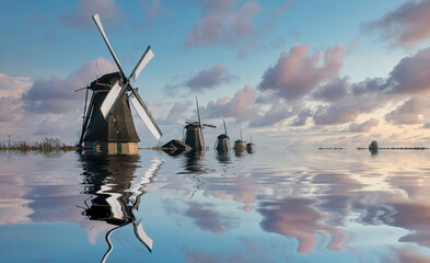 Beautiful view of flooded windmill area in Holland - 395357456