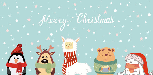 Vector Christmas illustration. Set of winter cute animals in cartoon style. Vector illustration.