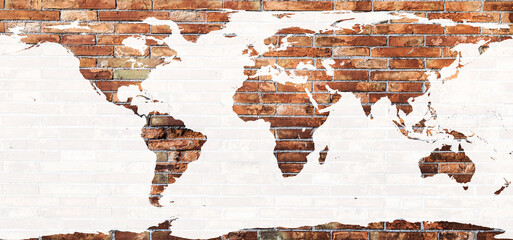 World map on brick wall background, travel and geography concept