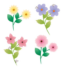 bundle of beautiful flowers and leafs decorative icons vector illustration design