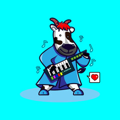 Cute hand-drawn animal. Cow playing guitar keyboard