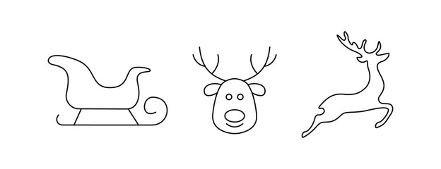 Vector drawing of a set of Christmas symbols of Christmas deer, Santa sleigh with lines on a light background.