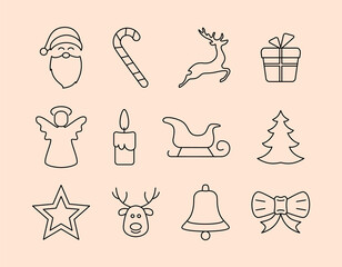 Vector drawing collection of Christmas accessories Christmas bell, reindeer, Santa Claus, gift, bow, candle, star, Christmas tree, sleigh and Christmas angel drawn by lines on a light background.