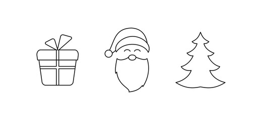 Vector drawing of a set of Christmas symbols of Santa Claus face, gift box and Christmas tree with lines on a light background.