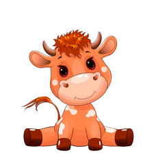 Cute bull calf. Little sitting calf on a white background. Cute goby baby. Little cow baby