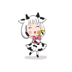 Cute girl singing karaoke in a cow costume. Kawaii cartoon.