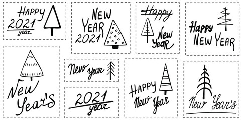 Hand drawn lettering set Happy New Year 2021. Postcards with the inscription Happy New Year. 
Vector illustration isolated on white background.