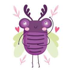 funny bug animal leaves hearts in cartoon style