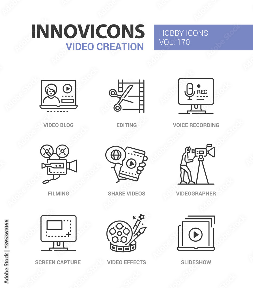 Poster video creation - line design style icons set