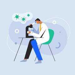 Medical doctor studying coronavirus under microscope in lab. Covid virus medical research, vector cartoon character.