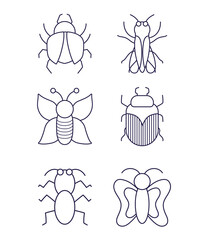 insects small animals in thin line style icons
