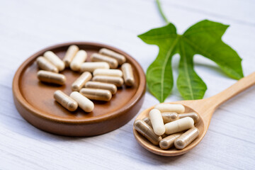 Alternative medicine herbal organic capsule, mineral, drug with herbs leaf natural supplements for healthy good life.