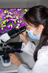 Fototapeta premium Femme asiatique utilisant un microscope et imagerie médicale de virus.